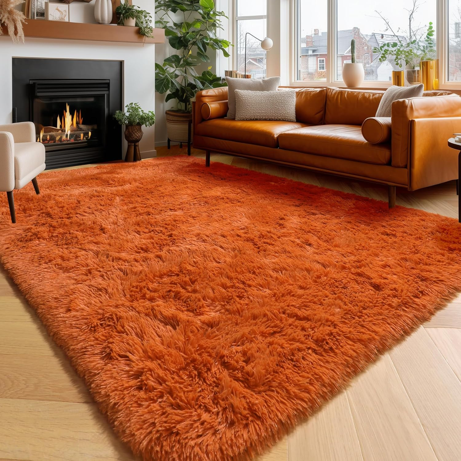 Burnt Orange Fall Fuzzy Shag Area Rug 5×7 for Bedroom Living Room | Fluffy Shagg
