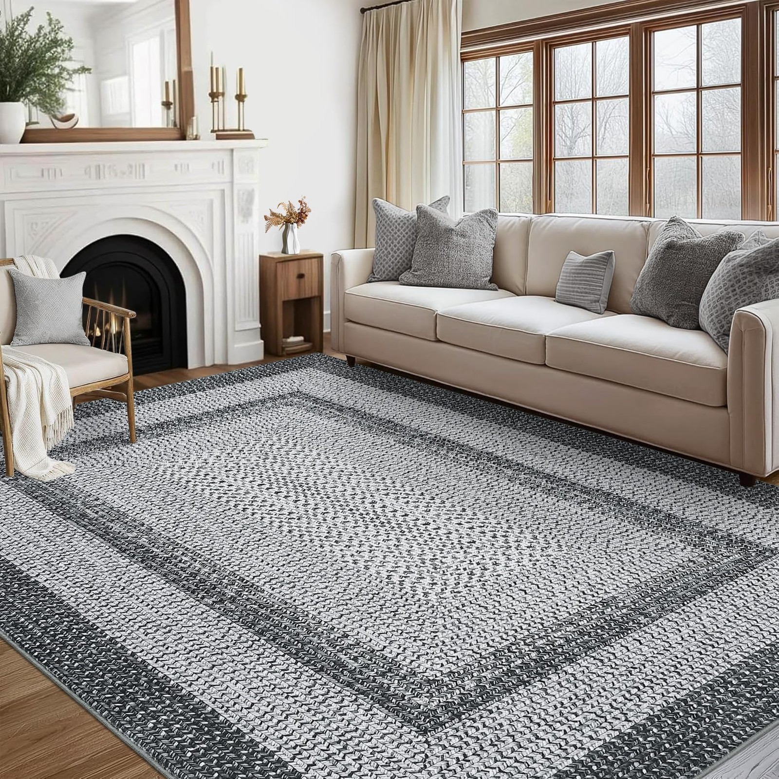RUGSREAL 9×12 Grey Braided Bohemian Farmhouse Area Rug