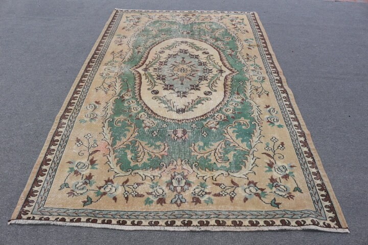 5,4×9 ft Turkish Large Rug, Green Brown Vintage Floral Wool Rug