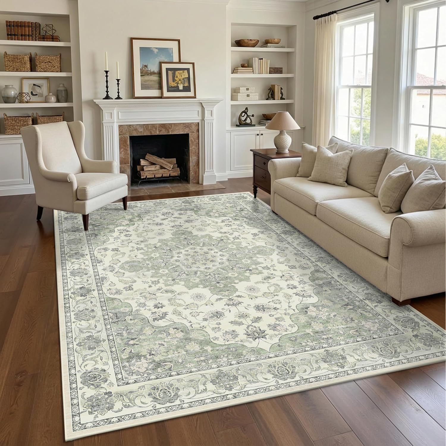 5X7 Non-Slip Washable Livingroom Vintage Area Rug, Sage Green | Water Resistant,