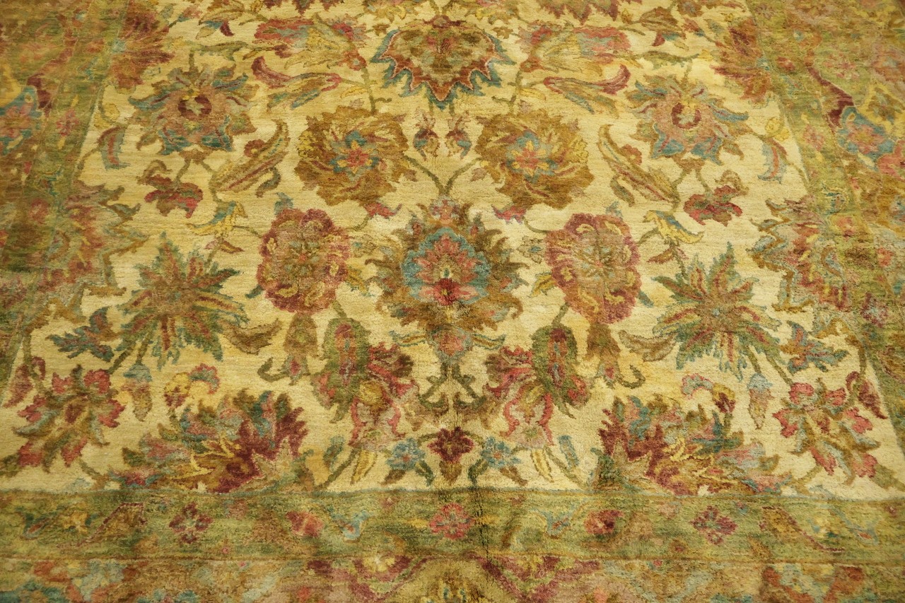 Agra Oriental 9×14 Large Wool Rug All-Over Beige & Gold Tones
