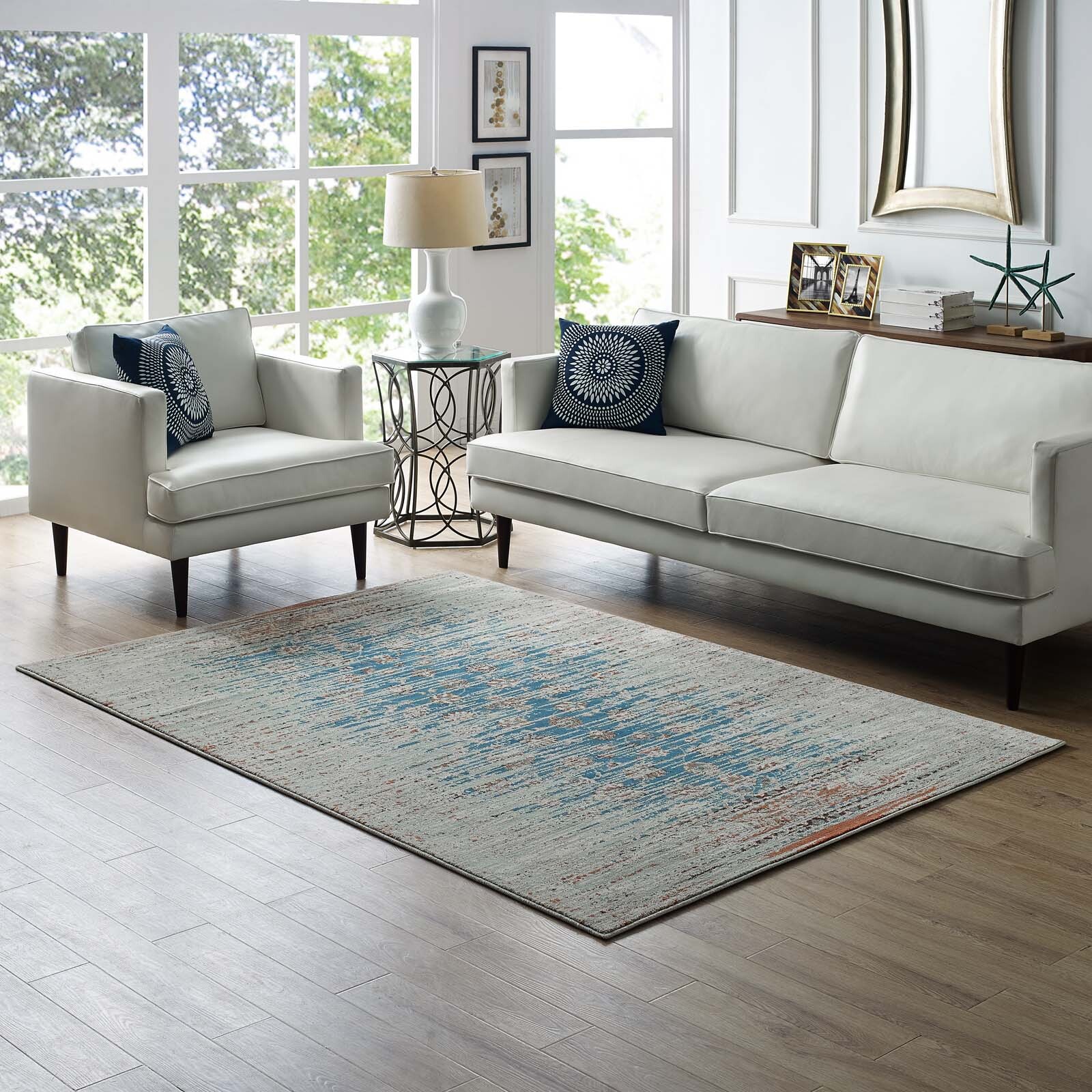 Distressed Contemporary Floral Lattice 8×10 Teal, Beige and Brown Area Rug