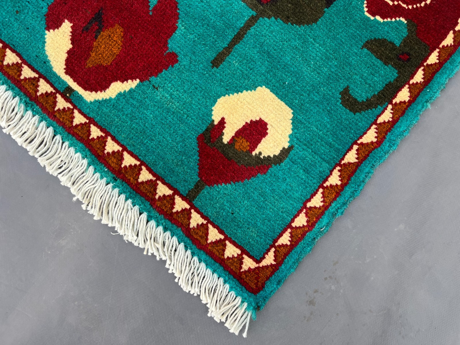 2’8 x 4 Ft Rare Afghan Opium Rug – Turquoise Field Tribal Pictorial Wool Carpet