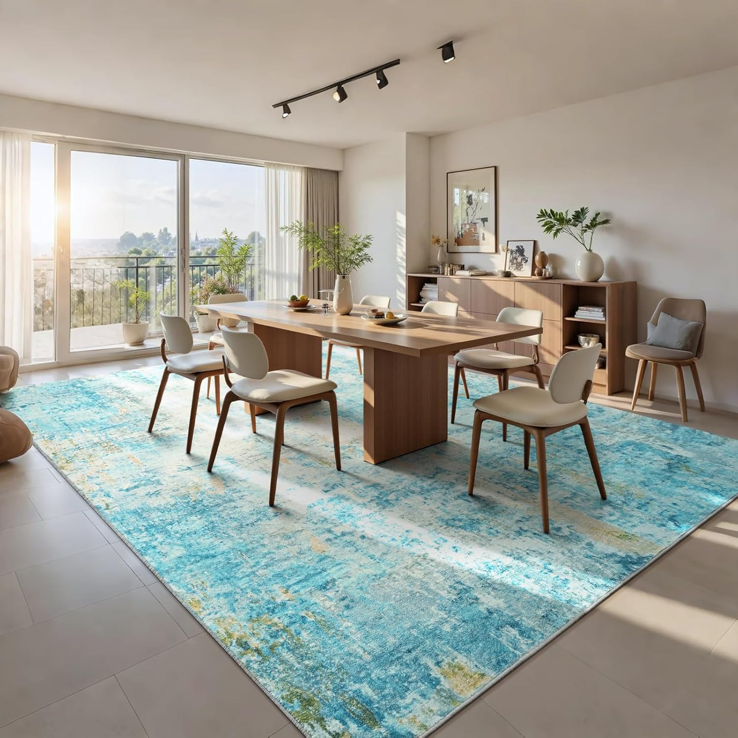 Teal Blue 8×10 Area Rug – Machine Washable Abstract Boho Non-Slip Carpet