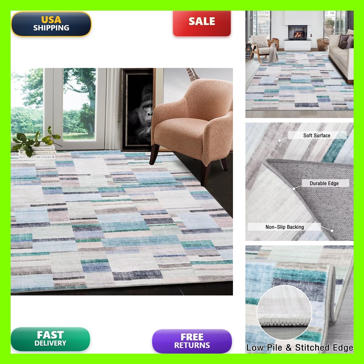 WESTLOOM 5×7 Modern Abstract Low-Pile Non-Slip Area Rug Blue