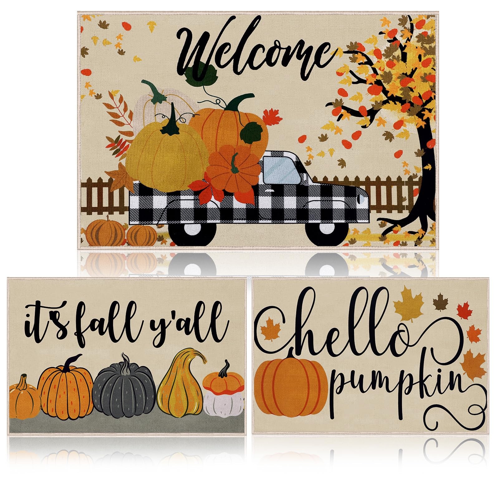 3 Pcs Fall Thanksgiving Welcome Door Mat Hello Pumpkin Doormats 16 x 24 Inch …