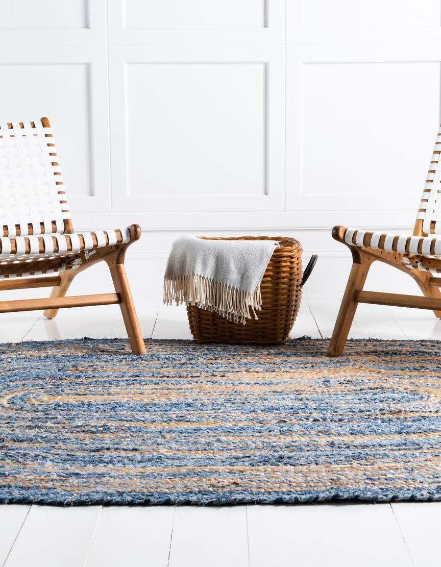 Oval Rug Natural Denim Jute Braided Style Carpet Handmade Rustic Look Area Rug