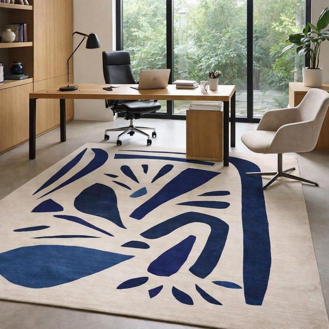 Modern Abstract Blue Hand-Tufted Rug | Contemporary Wool | Minimalist Area Rug
