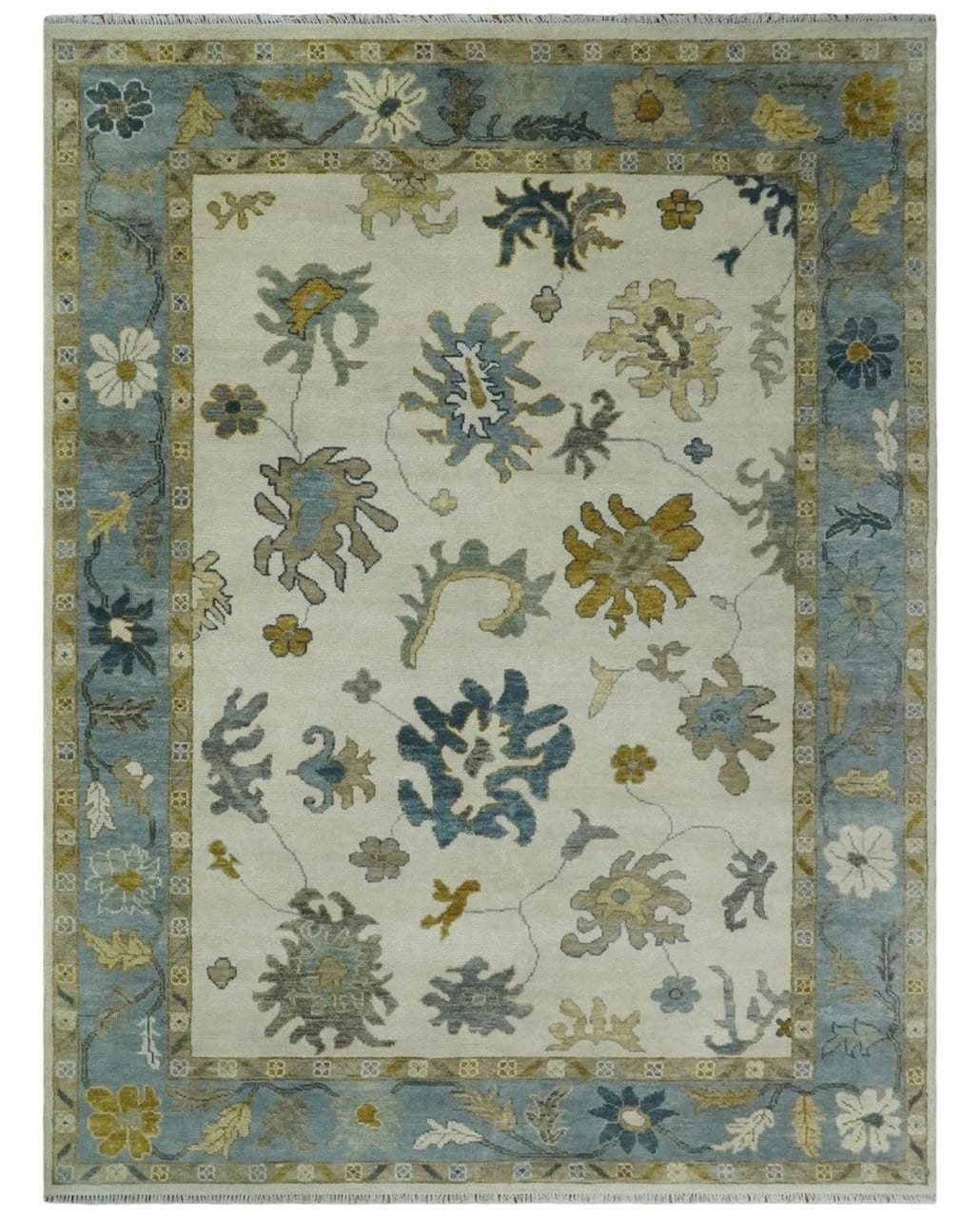 Hand Knotted Oushak Rug Blue Ivory Wool Area Rug Modern Floral Turkish Décor