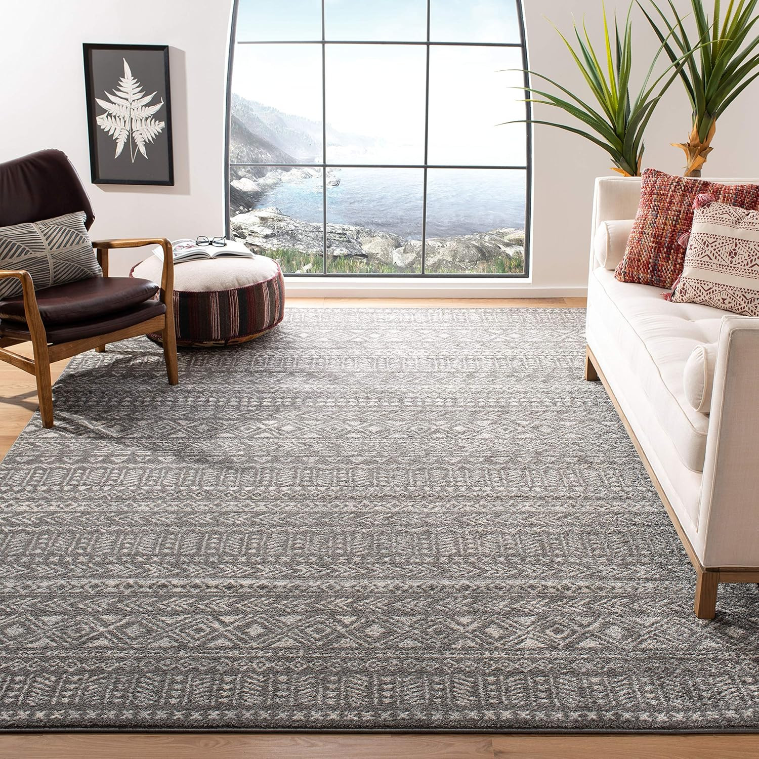 Area Rug 9X12 – Tulum Collection – Large – Dark Grey & Ivory, Moroccan Boho Dist