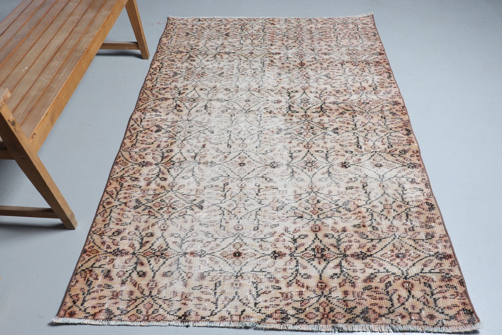 Turkish Rug, 4,5×6,7 ft Vintage Rug, Brown White Ikat Wool Rug