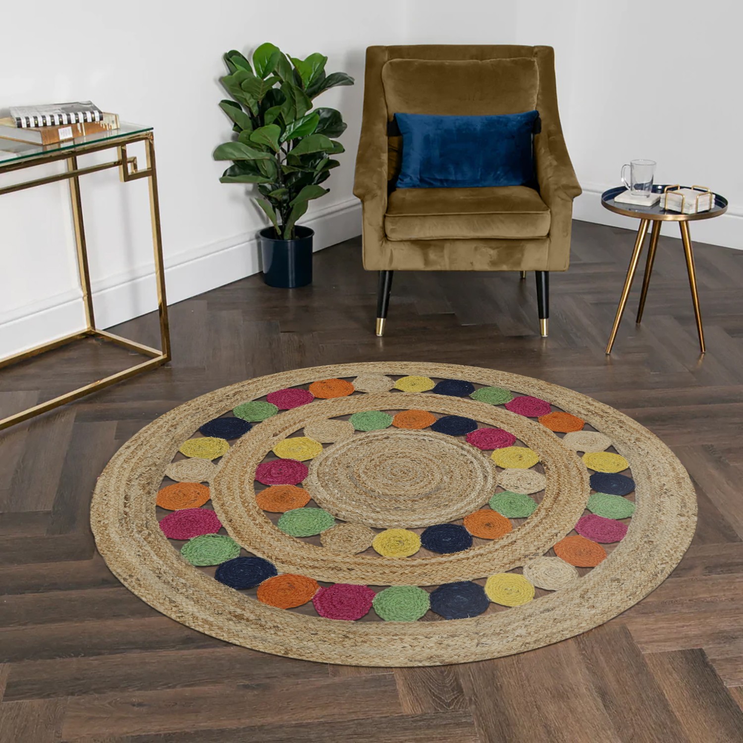 3×3 ft Round Jute Rug, Multicolor Braided Handmade Natural Fiber Carpet, Living