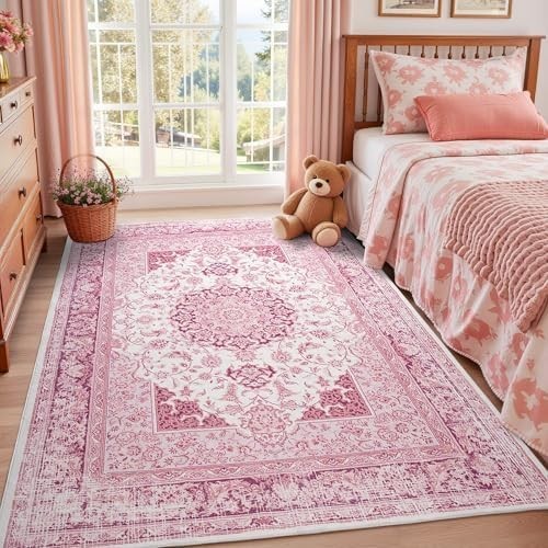 5X7 Bright Pink Area Rug for Living Room, Machine Washable Rugs with Non-Slip Ba