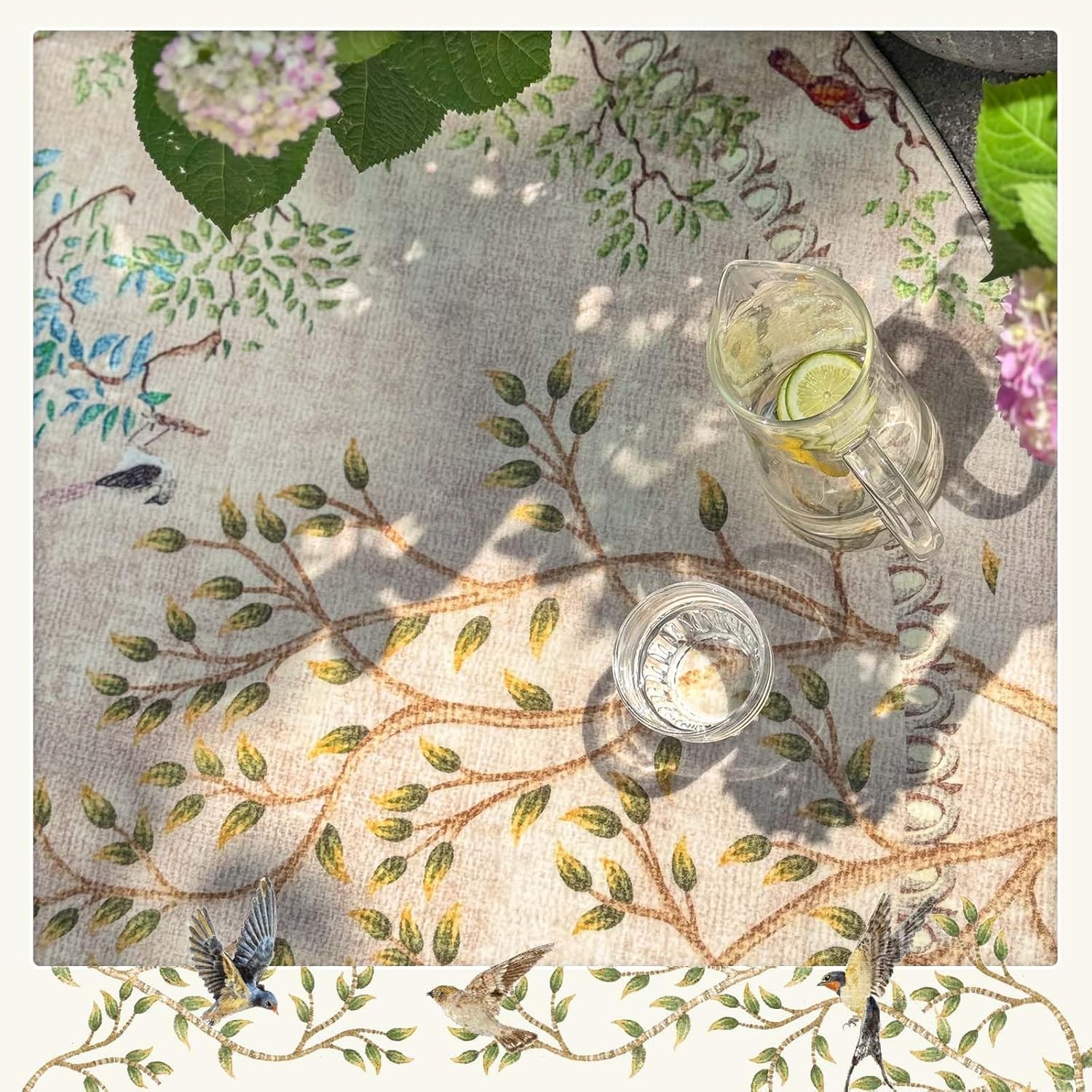 Yarden Round Rugs 5ft Beige Botanical Birds Print Machine Washable 5′ Circle