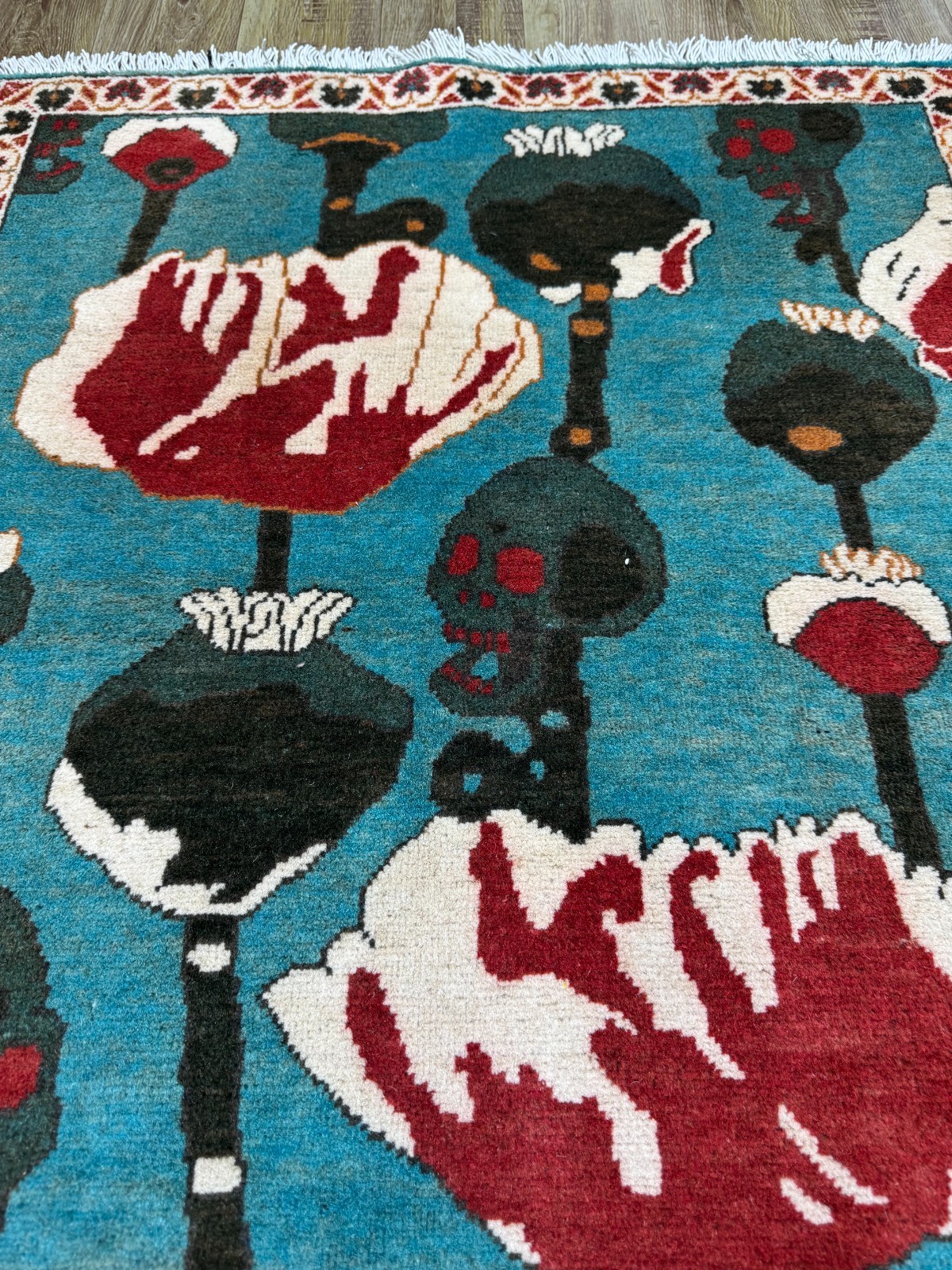 2×4 Afghan Opium Poppy Rug Hand Knotted Blue Pictorial Tribal Wool Carpet