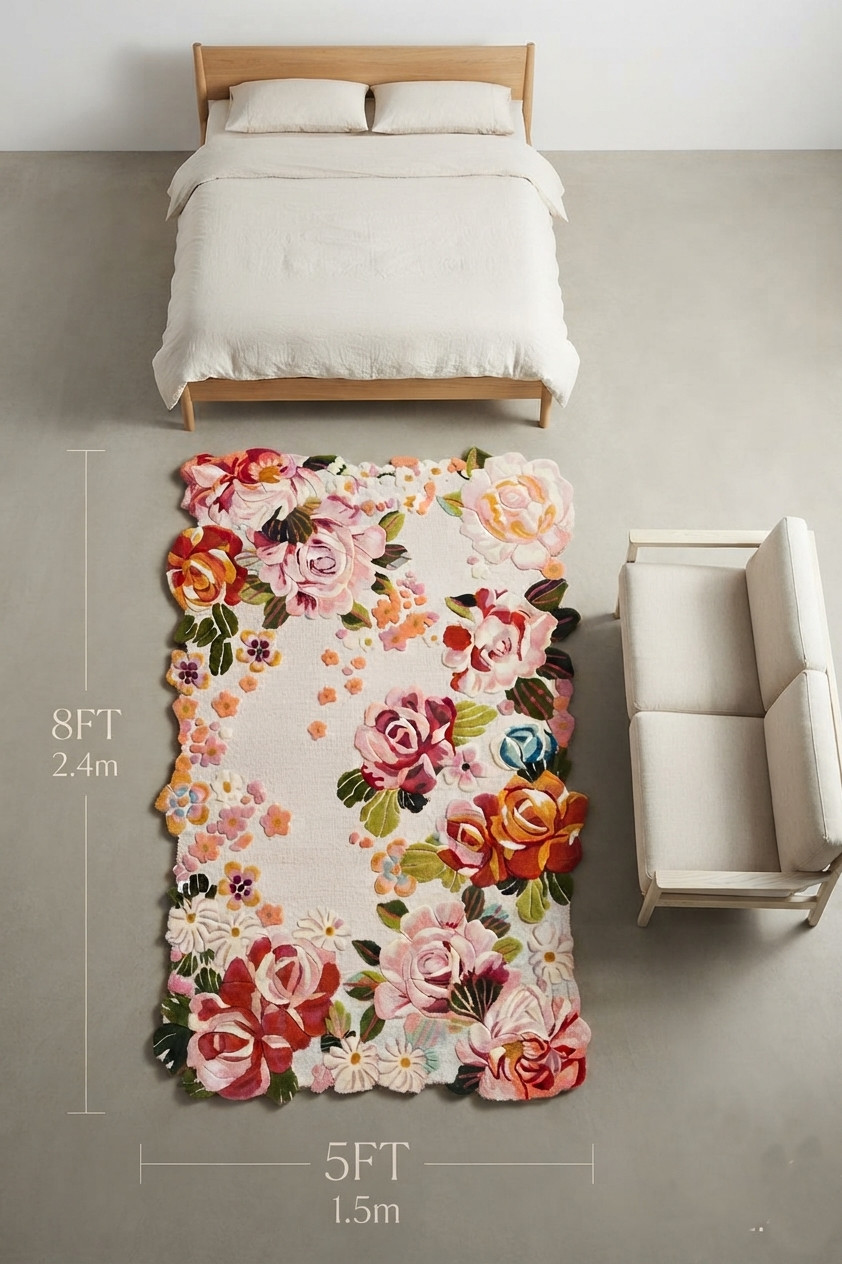 Floral Hand Tufted Wool Rug Modern Living Room Carpet Office Kitchen Area Rugs
