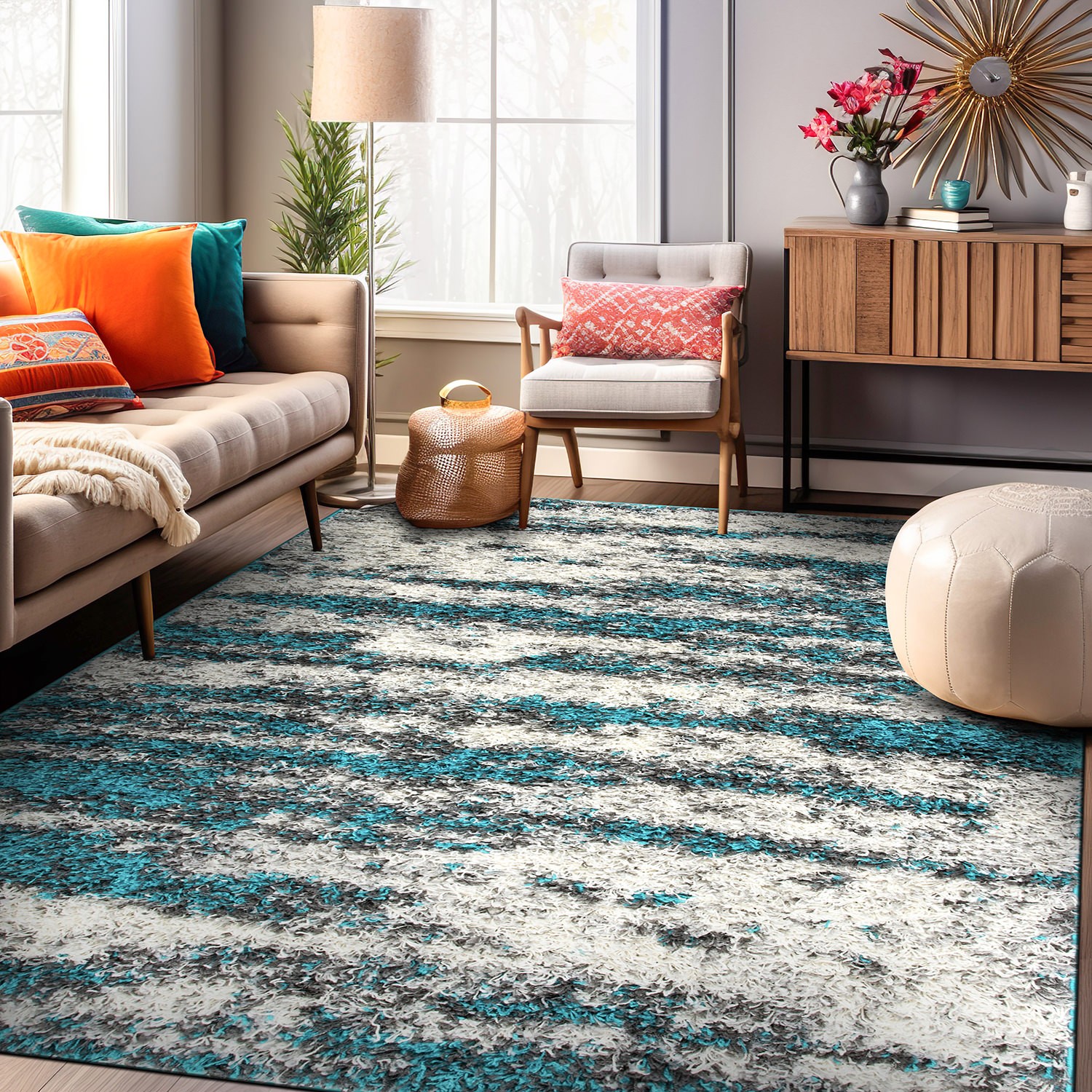 Rugshop Area Rug Modern Abstract Design Plush Shag Rugs Turquoise Rug 5×7 Carpet