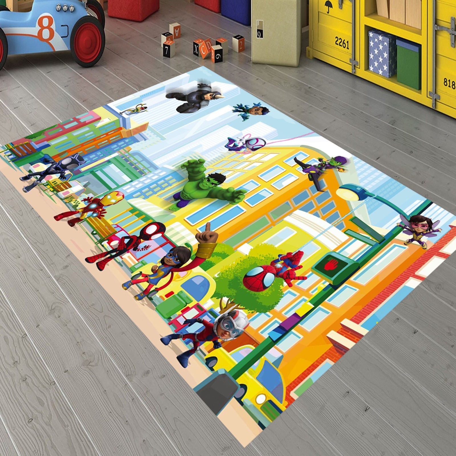 Superhero Kids Rug,Playroom Cityscape Rug,Heroic Adventure Characters,Bright Rug