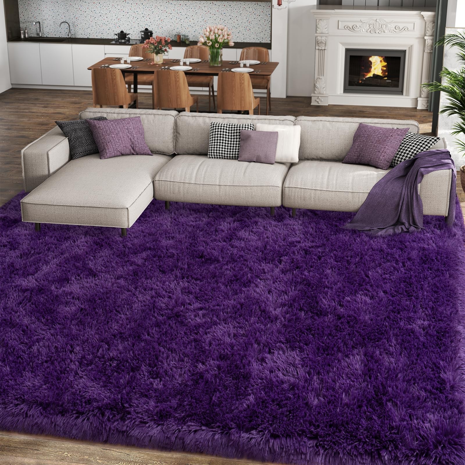 Ultra Soft 8X10 Purple Shag Rug for Living Room, Non-Slip Plush Carpet