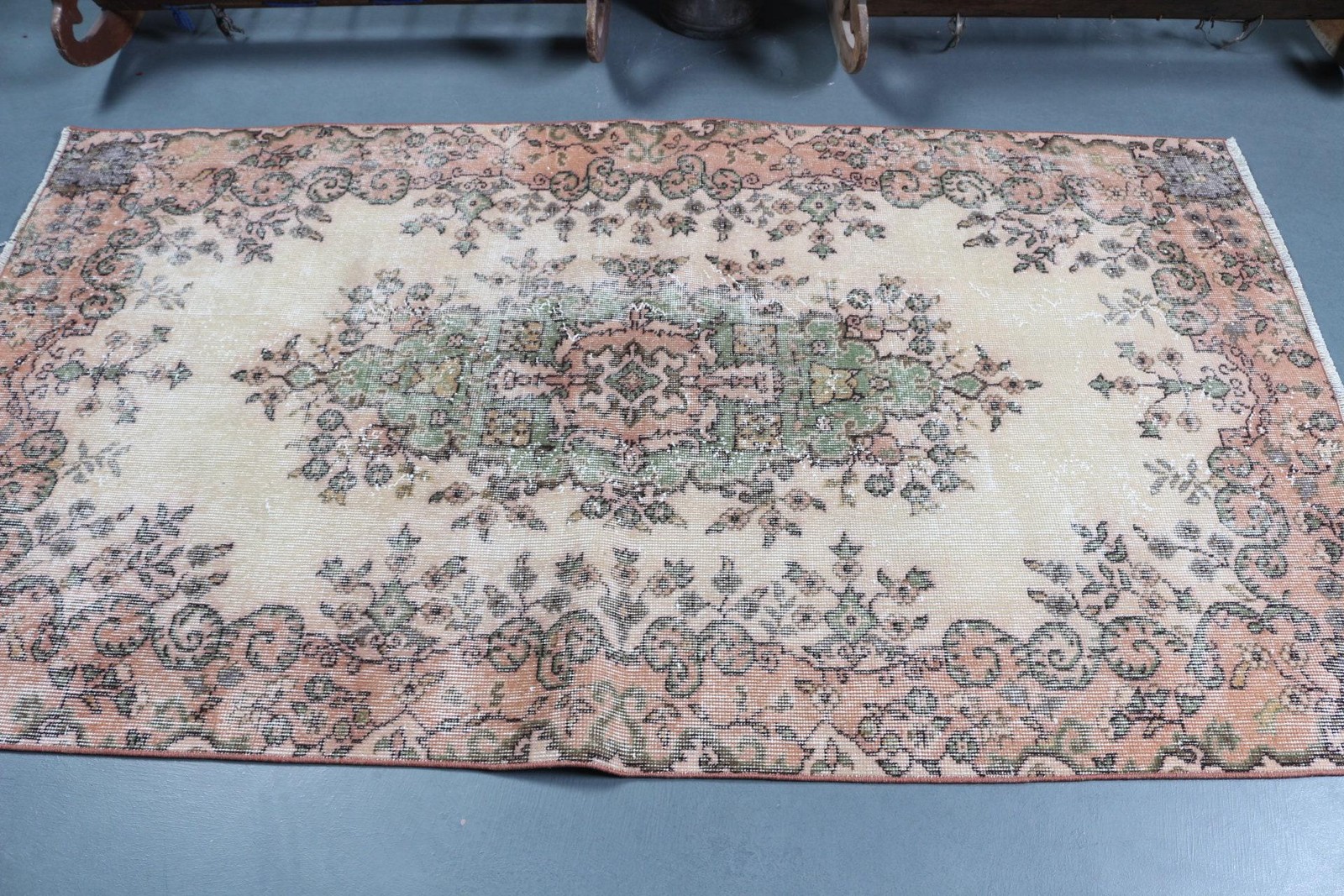 Vintage Rug, Area 3,7×6,8 ft Turkish Rug, Pink Striped Wool Rug