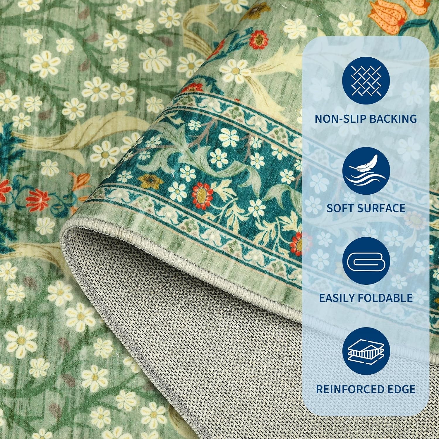 Boho Floral Washable Area Rug Non Slip Living Bedroom Kitchen Laundry Entryway