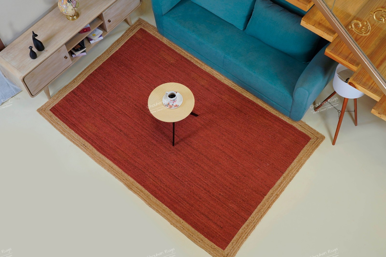 Traditional handmade jute rug solid red with beige border Area Rugs for home