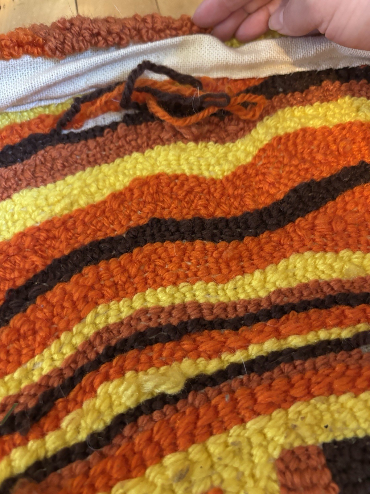 Handmade Woven Rug Groovy 70s 80s Retro Vintage Hippie Orange Yellow Brown Swirl