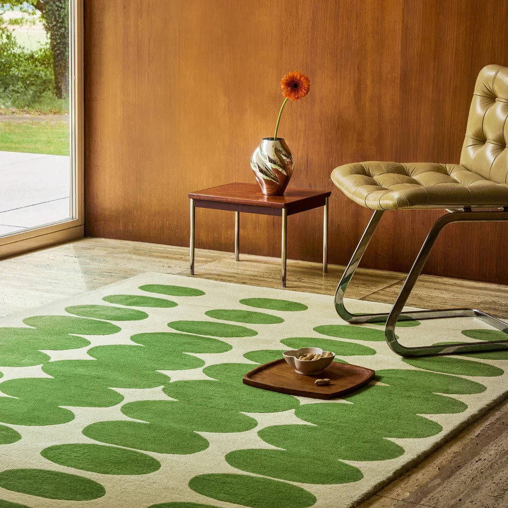 Luxury Soft Rug Optical Oval Rug Green Cream 100% Wool Hand Tufted Living Rooms
