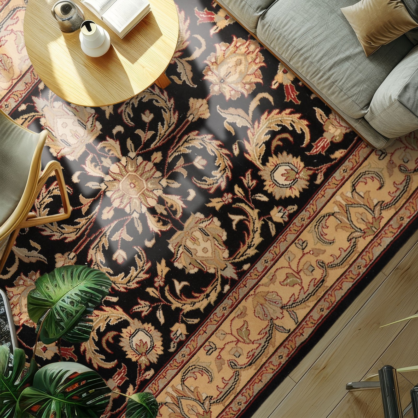 5’11”x8’11” Hand Knotted Wool Black Agra Traditional Botanical Rug