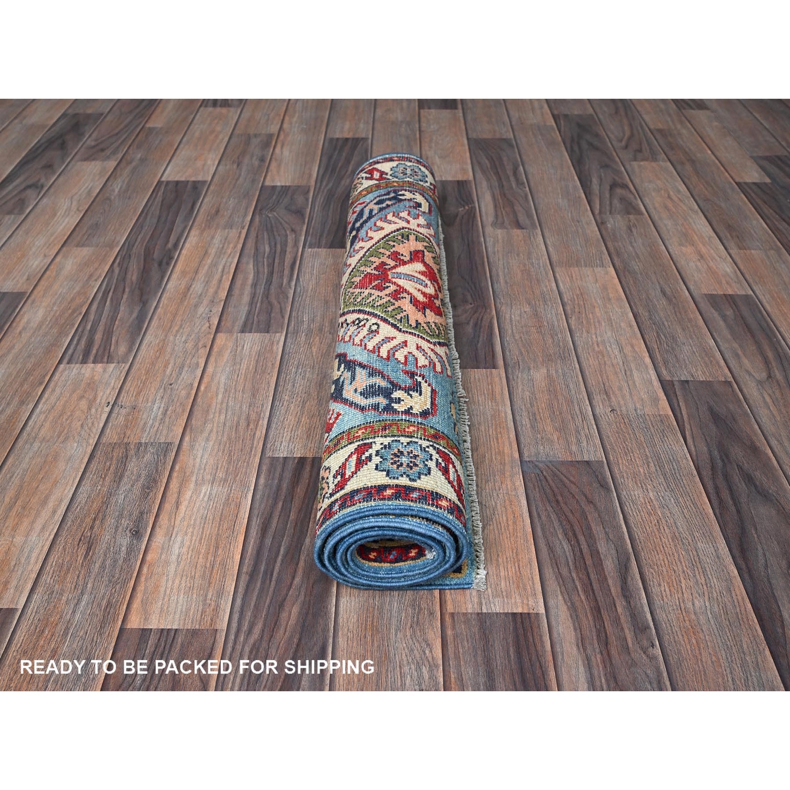 2’8″x4′ Blue Kazak Geometric Design Hand Knotted Soft Wool Mat Sample Rug R400