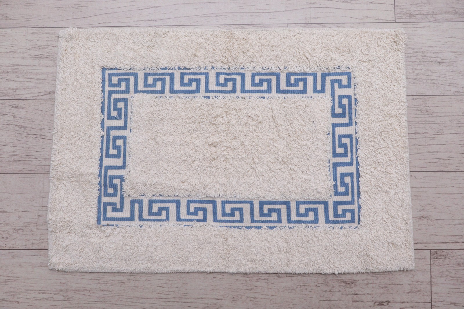 Hand Tufted Cotton Greek Key Rug Sky Blue Ivory Small Bath Mat Entrance Doormat