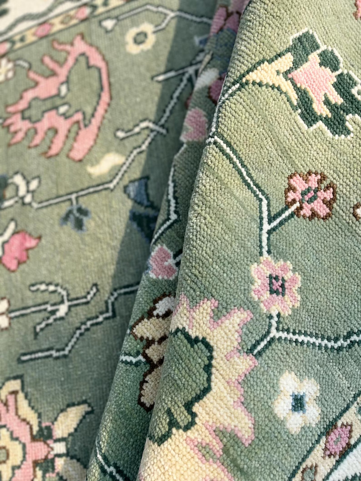 Hand Knotted Sage Green Oushak Rug Vintage Floral Wool Area Rug Custom Handmade