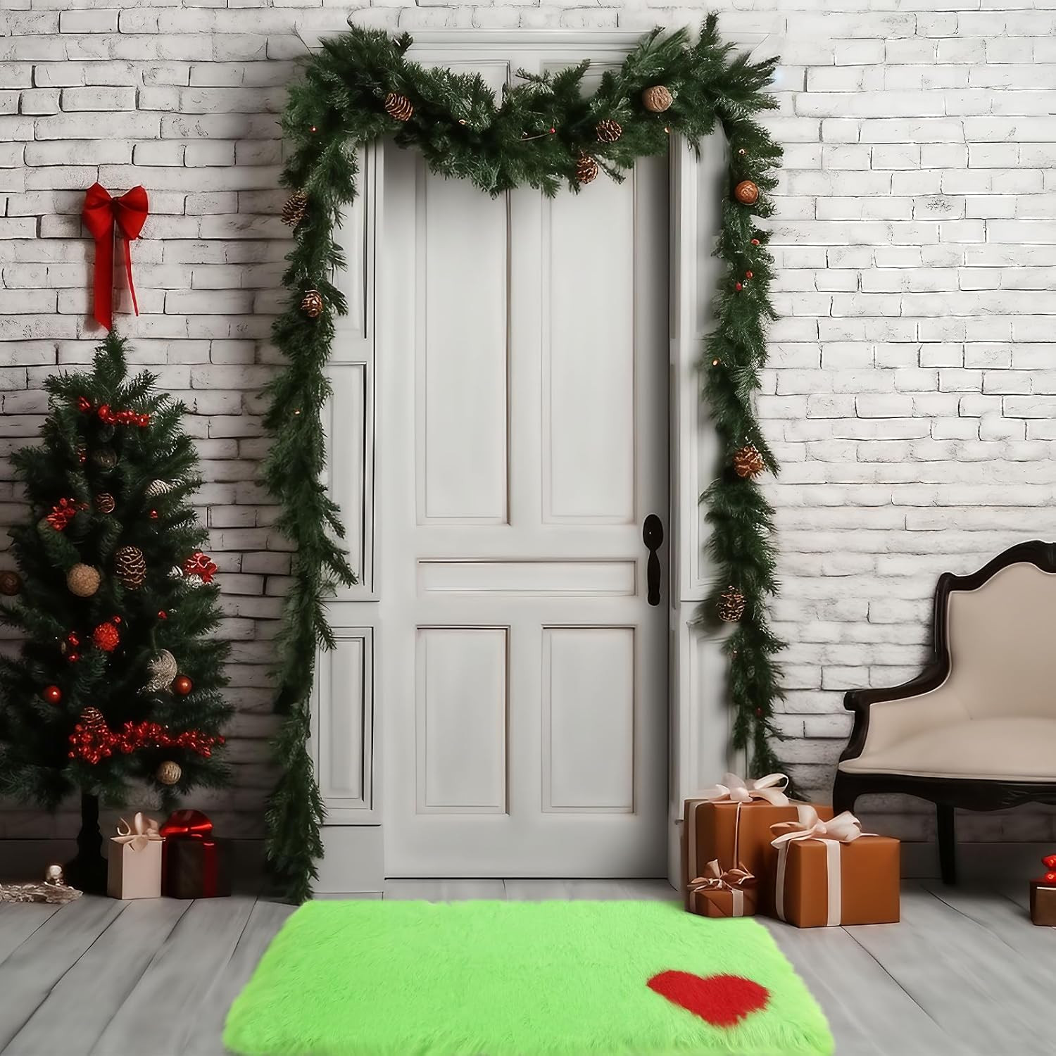 Lime Green Furry Christmas Mat with Red Heart Pattern Green Rugs for Bedroom Liv
