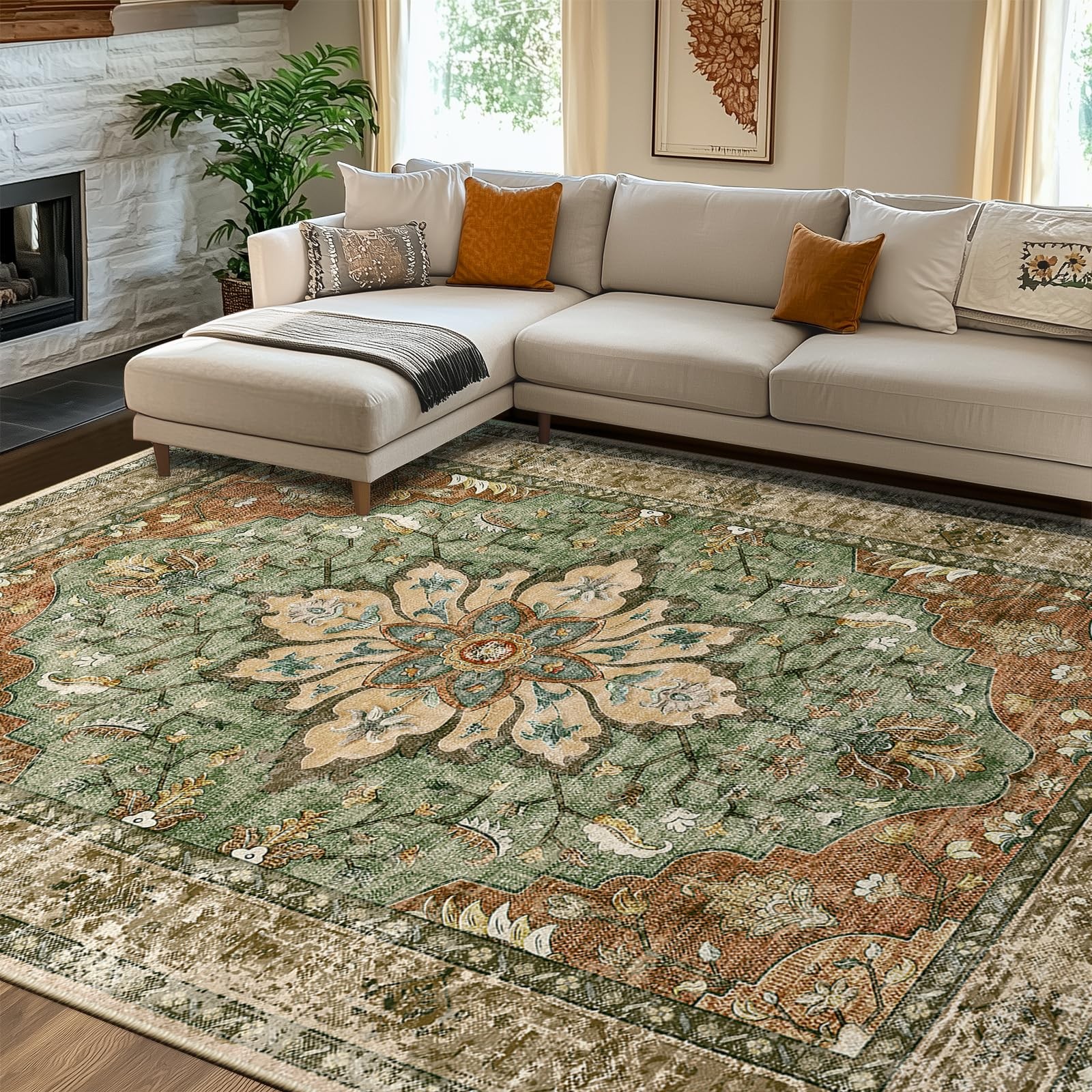 RELEANY Area Rugs 8 x10 Washable Non Slip Floral Vintage Distress Medallion
