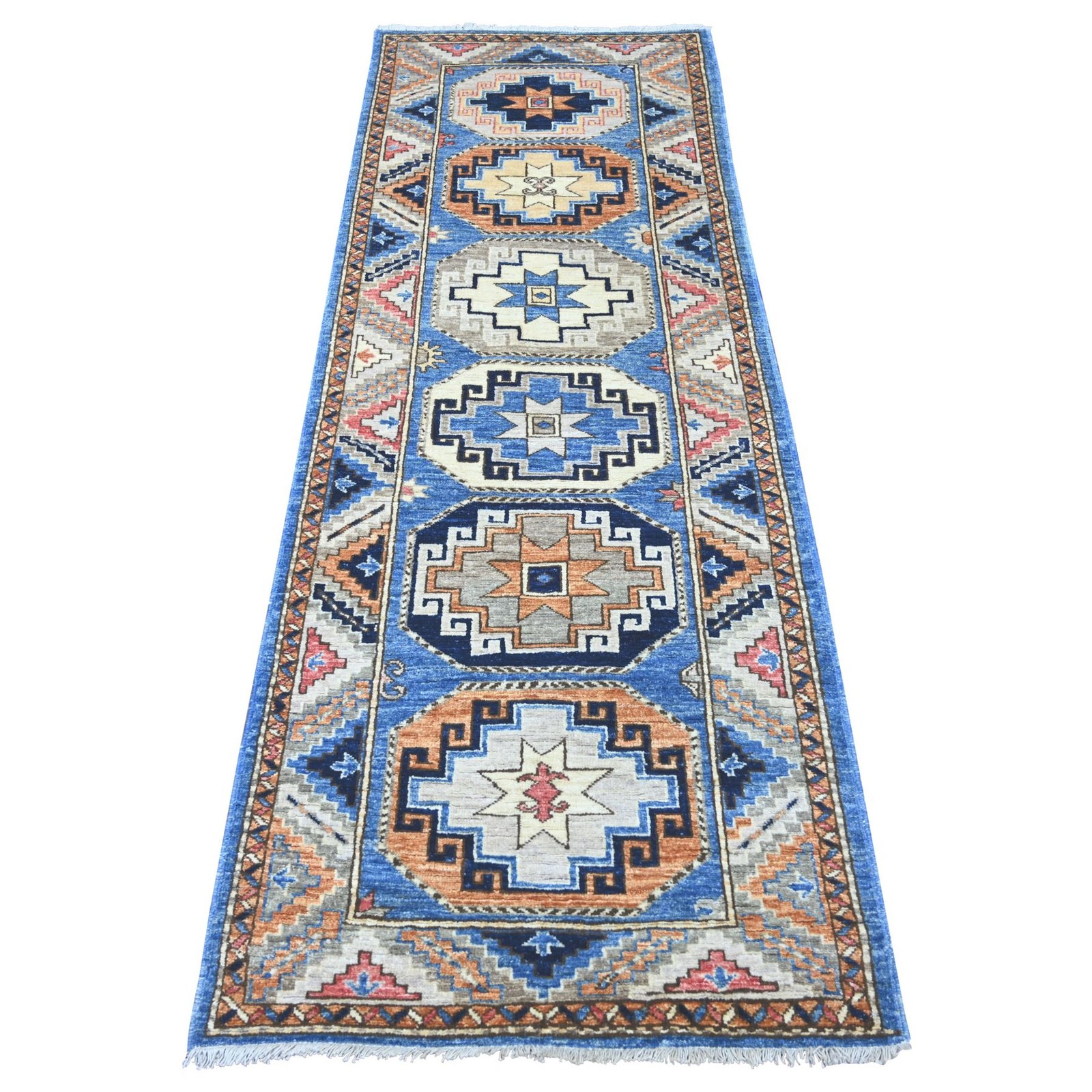 2’8″x7’4″ Blue Hand Knotted Afghan Ersari Elephant Feet Design Wool Runner Rug