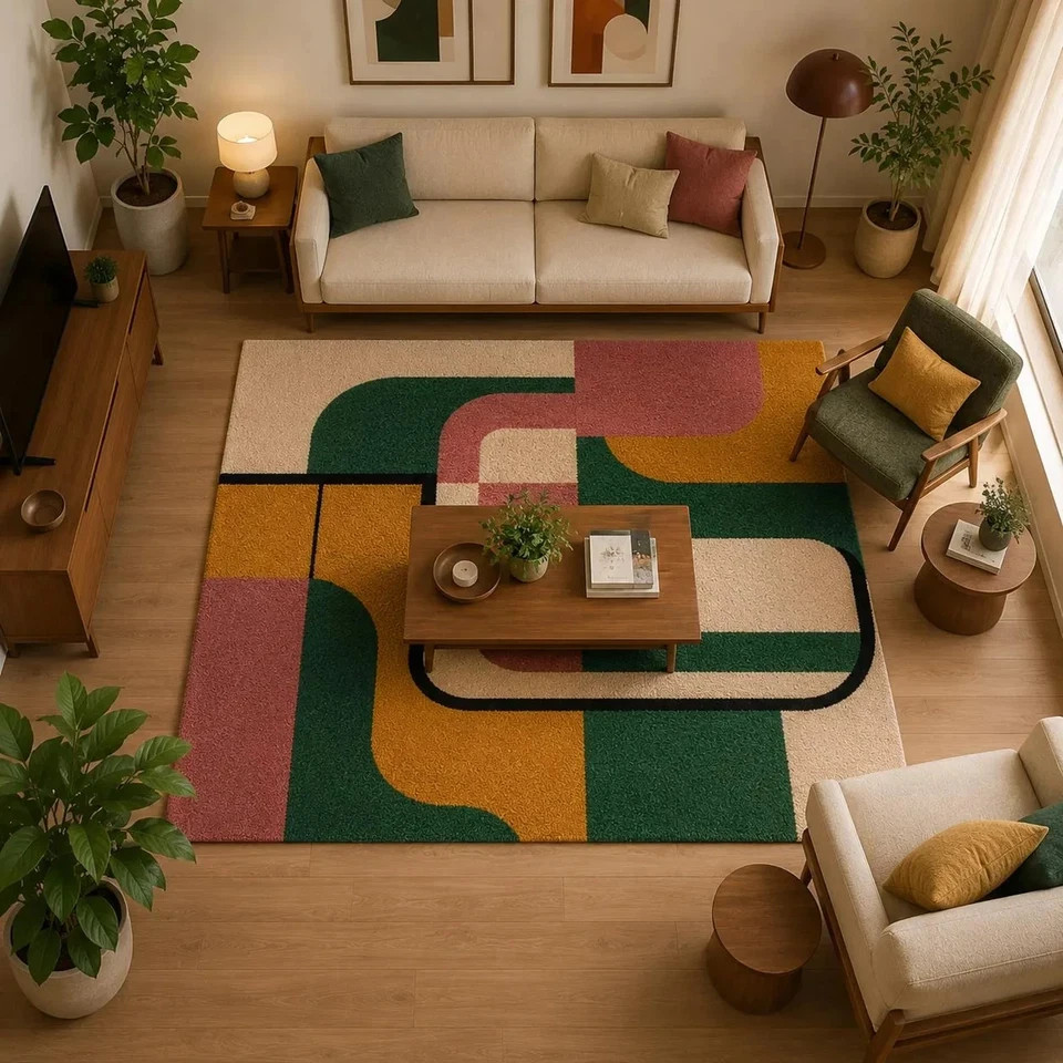 Hand Tufted 100% Wool Geometric Abstract Green Mustard Pink Cream Black Rug etc