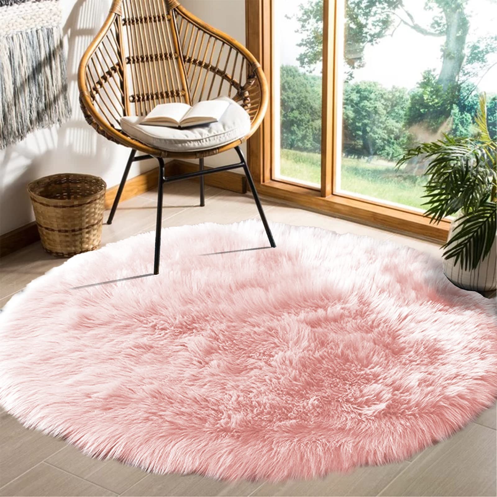 Goolela Round Pink Rug 5ft Circle Area Rug Fluffy Fuzzy Shag Rug Machine Wash…