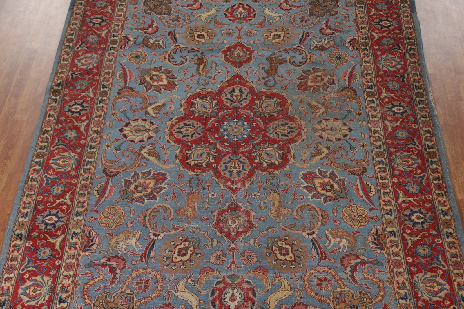 Vegetable Dye Light Blue Tebriz Handmade Floral Animal Design Antique Rug 8’x12′
