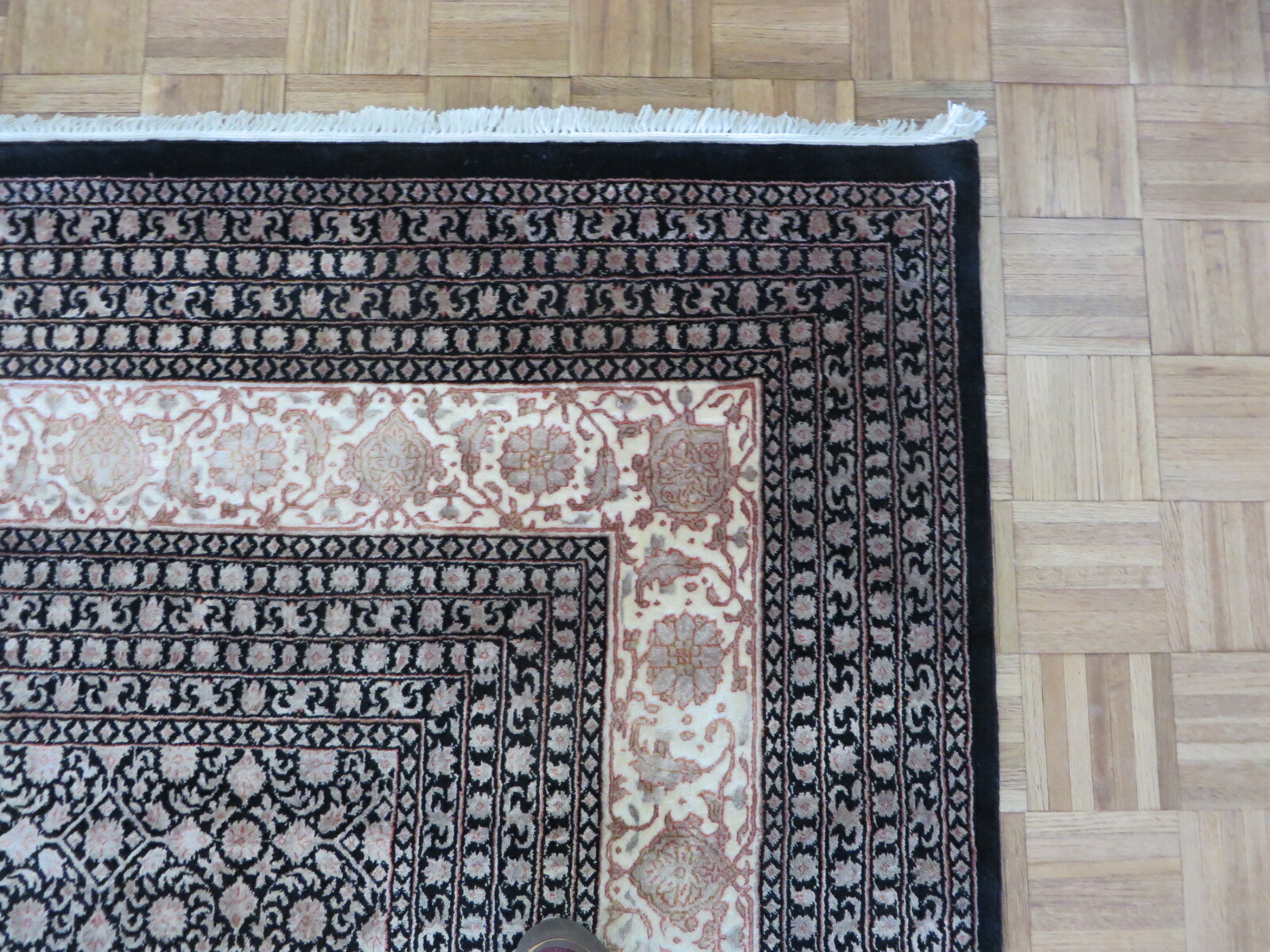11’8 x 14’9 Hand Knotted Black Fine Herati Tabrez Oriental Rug With Silk G8792