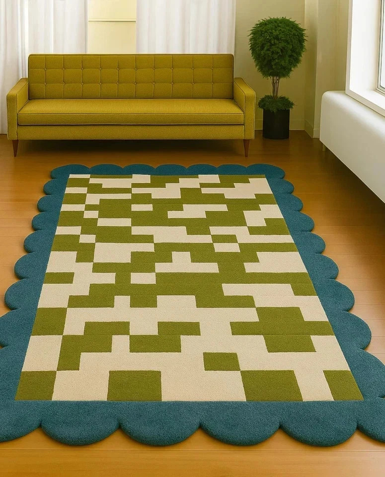 New Luxury Hand Tufted Nz Wool Rug Color Olive Green & Teal, White Carpet Rug