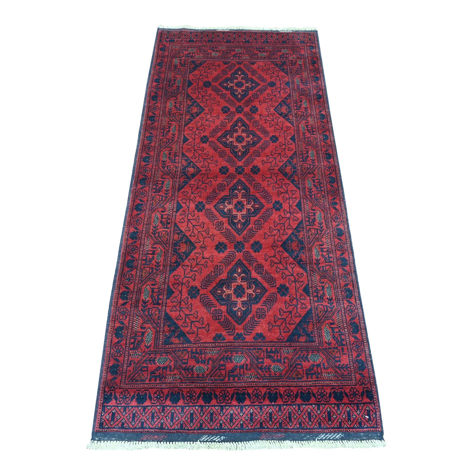 2’8″x6’3″ Red Geometric Afghan Andkhoy Pure Wool Hand Knotted Runner Rug R20704