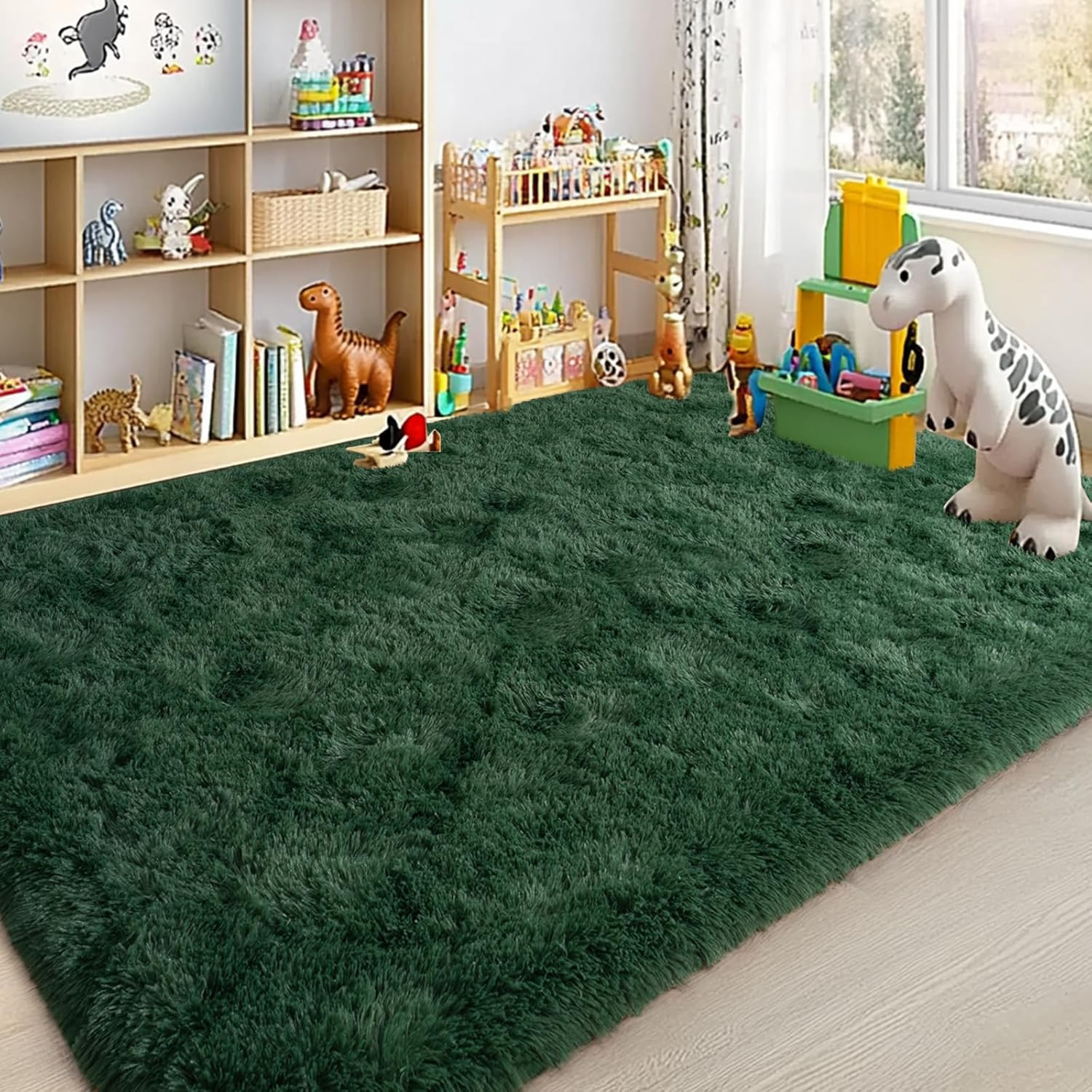 Large Area Rugs for Living Room Bedroom, 4X6 Feet Dark Green Fluffy Shag Rugs, U