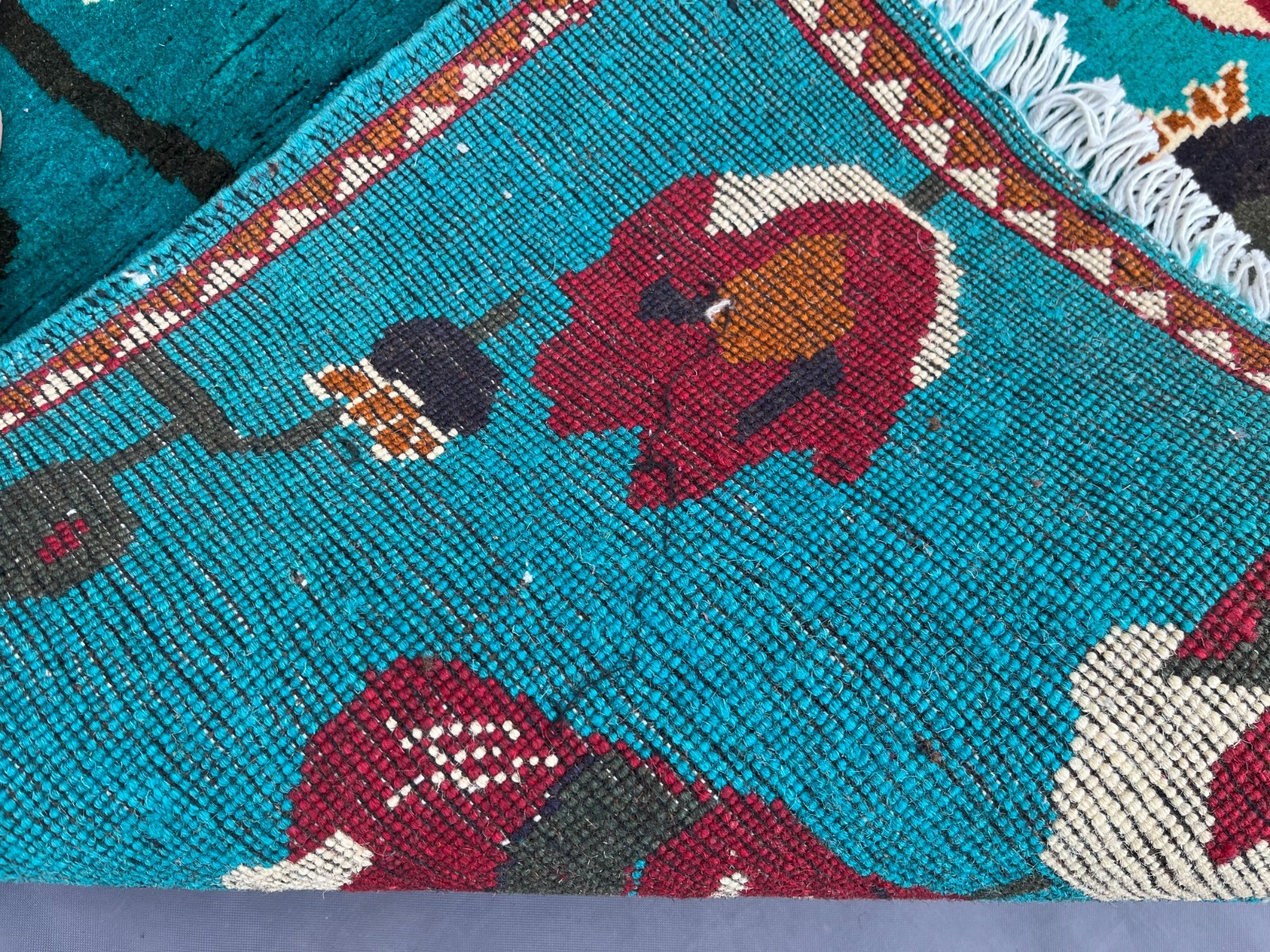 2’8 x 4 Ft Rare Afghan Opium Rug – Turquoise Field Tribal Pictorial Wool Carpet