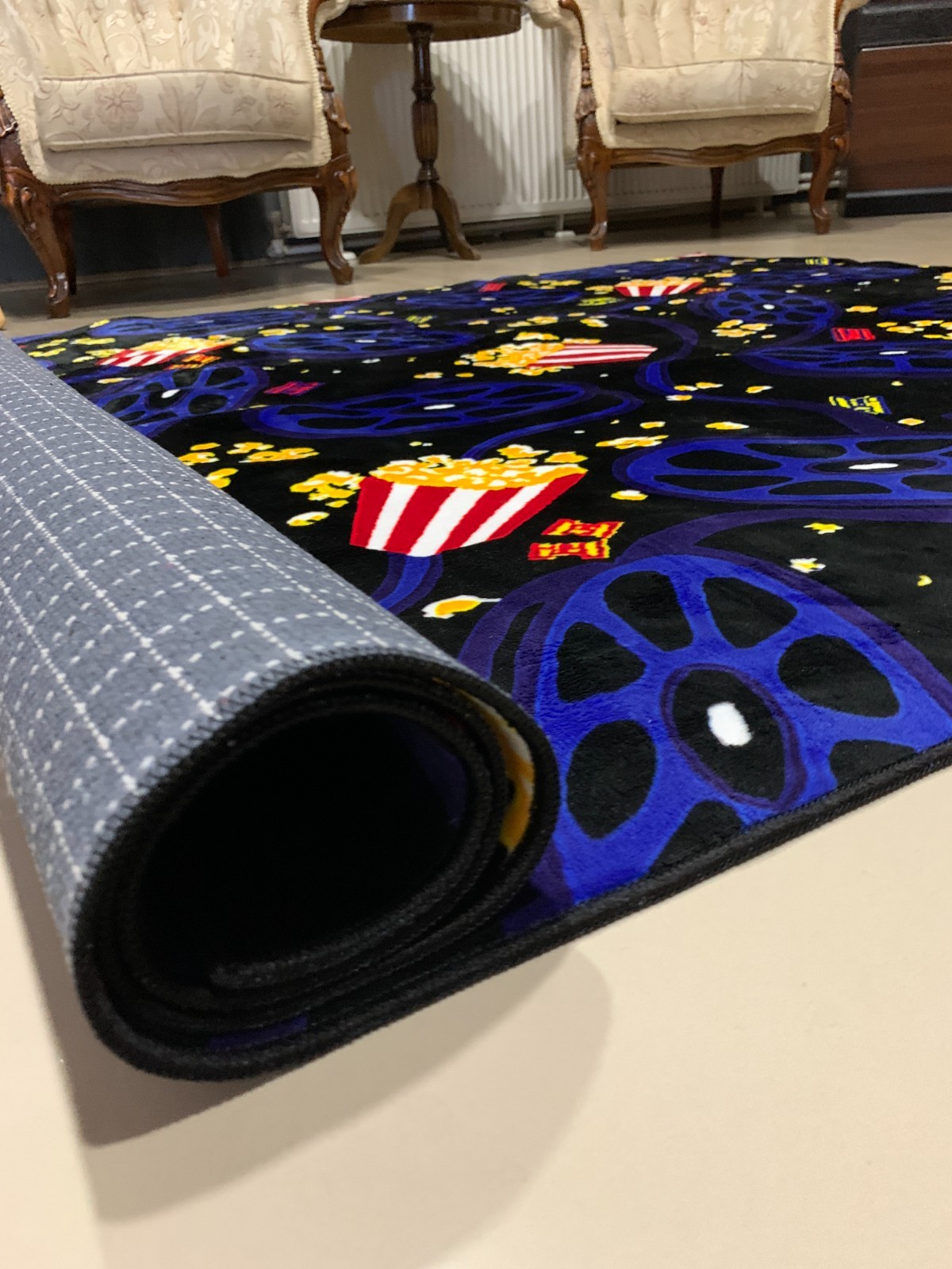 Popcorn themed rug, cinema room rug, movie rug, film themed rug