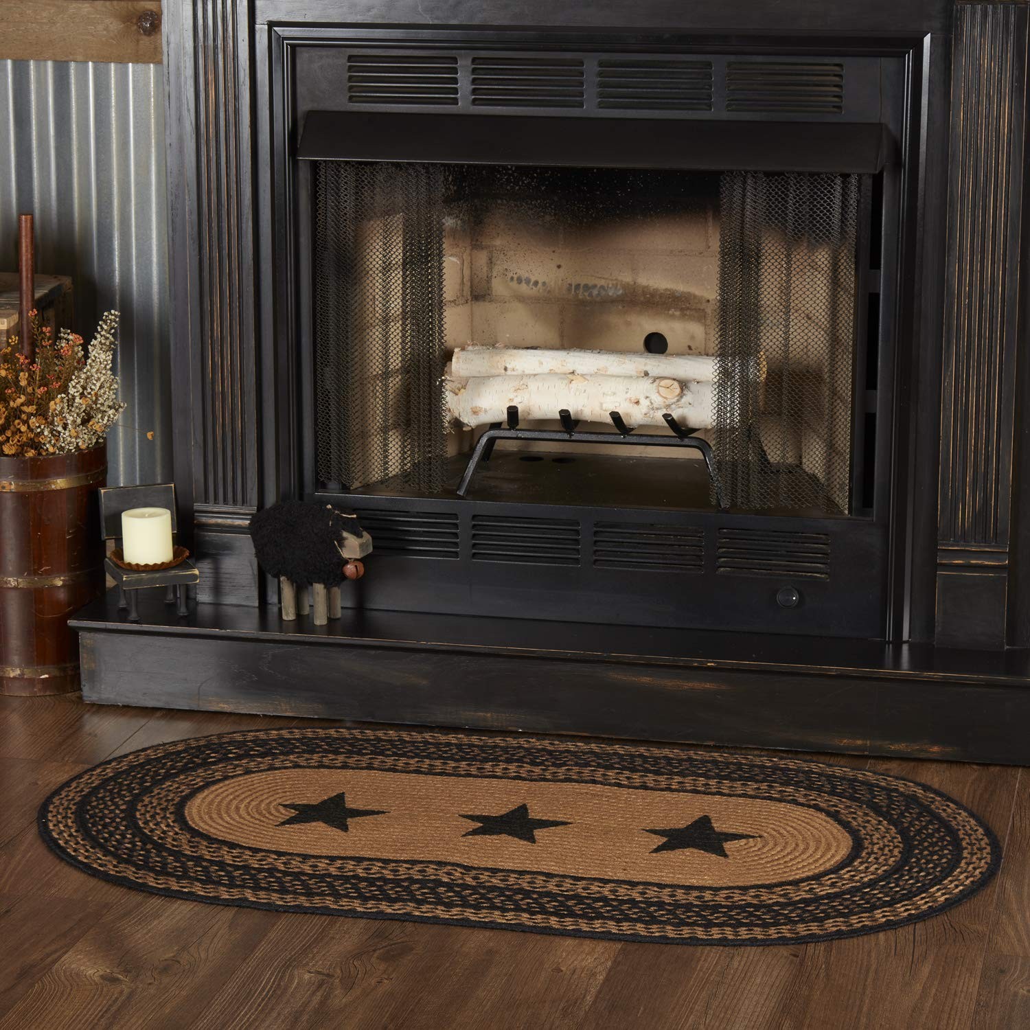 VHC Brands Farmhouse Primitive Jute Black Stenciled Stars Accent Rug Oval w/F…