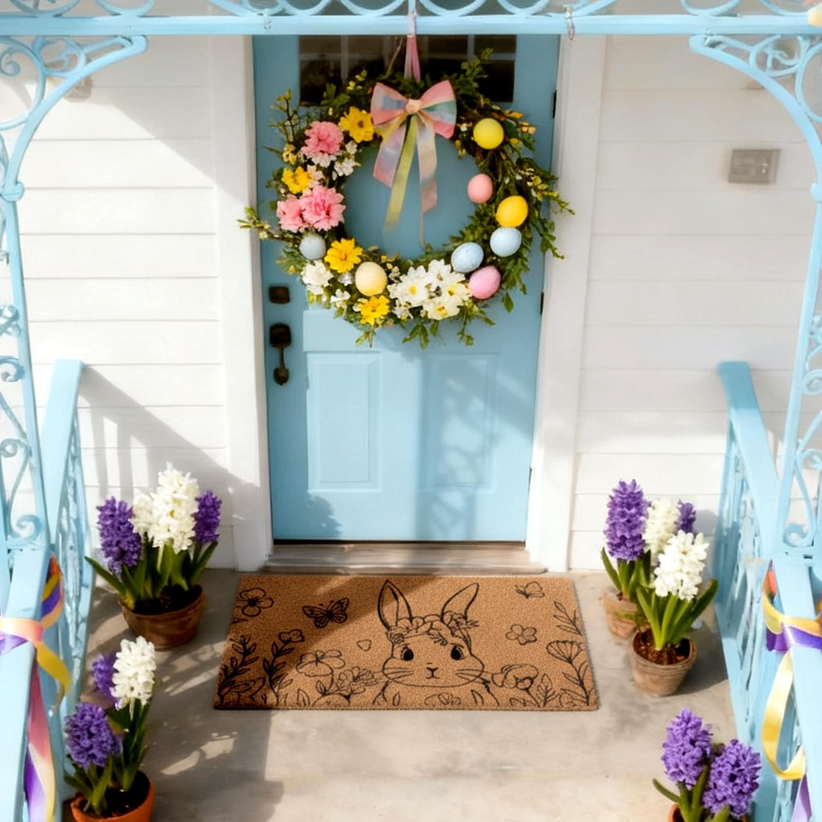 Easter Bunny Coir Doormat Outdoor Easter Welcome Door Mat Spring Floral Bunny…