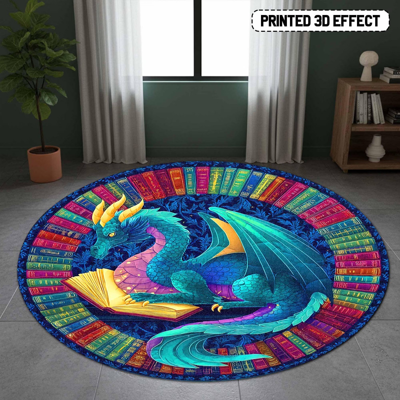 Fantasy Dragon Round Mat Colorful Reading Rug Library Decor Kids Bedroom Gift