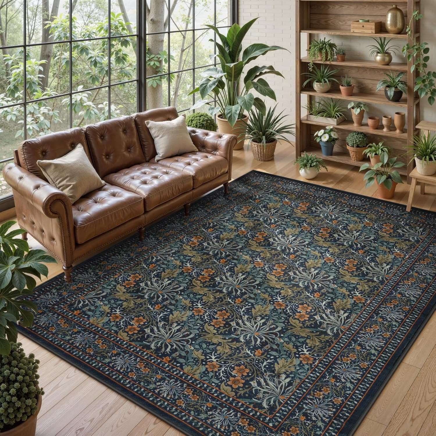 Vintage Floral Dark Green 8×10 Washable Area Rug for Living Room & Office