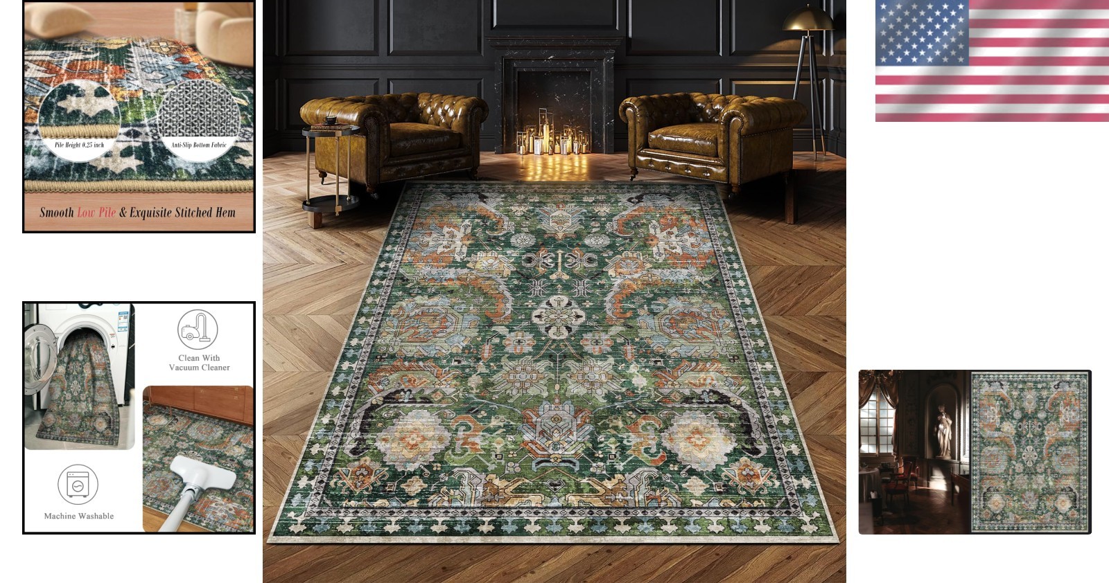 Durable Washable Area Rug 3′ x 5′ – Non-Slip & Vintage Elegance for Any Room