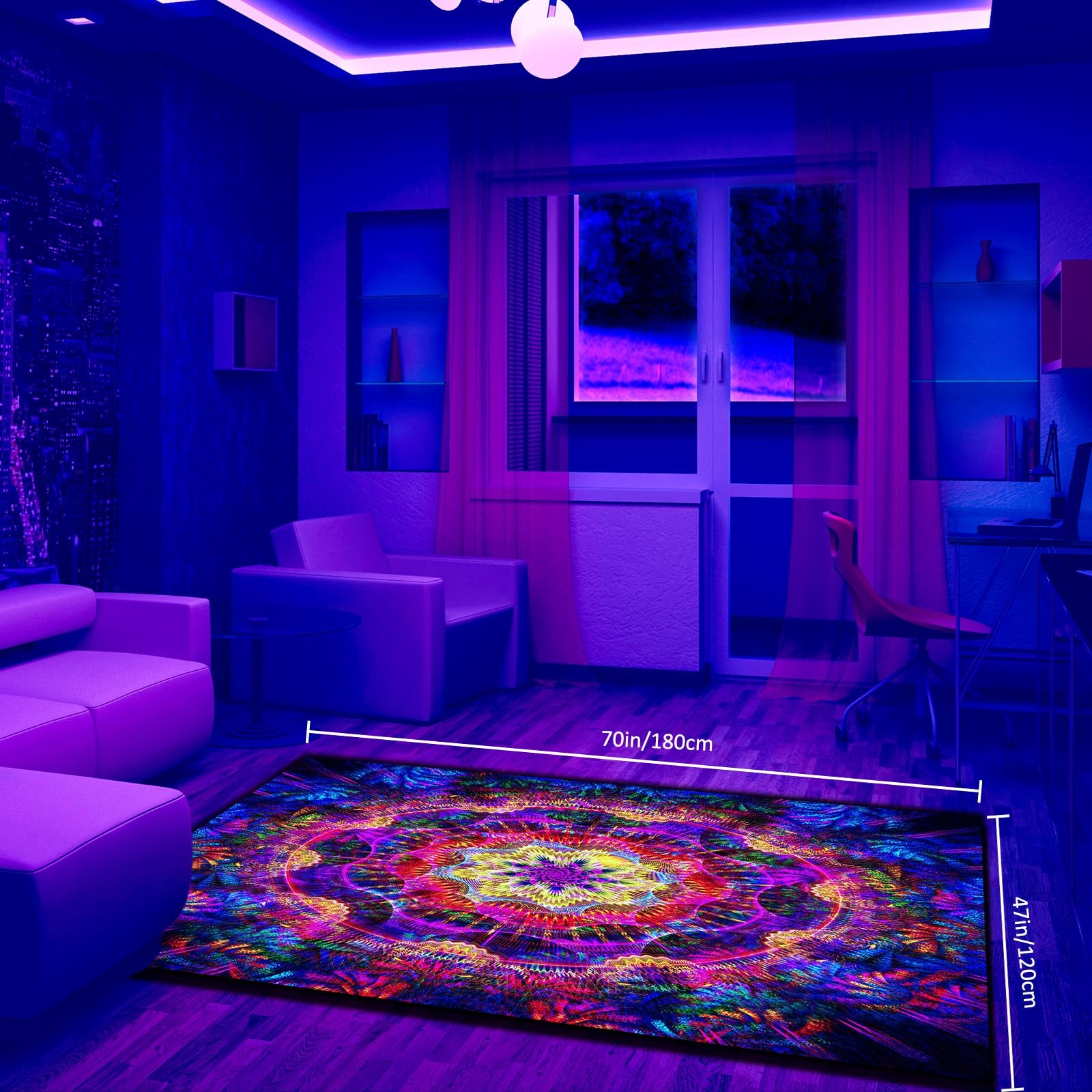 Trippy Mandala Area Rug Black Light,Large UV Reactive Glow in The Dark Boho N…